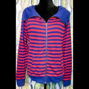 Forever 21 Red and Navy Striped Zippered Jacket Womens Large Unique Soft Pockets